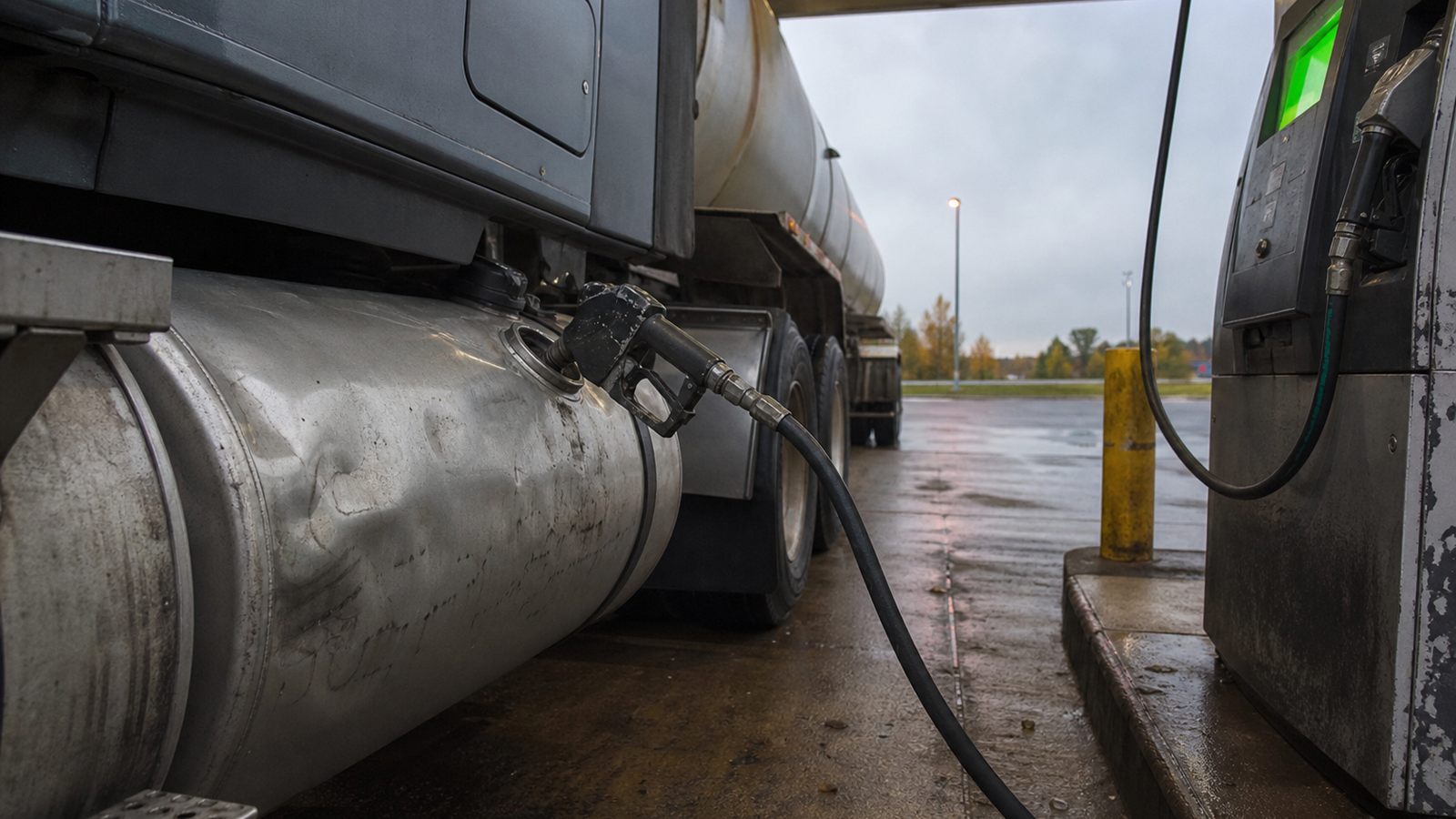A diesel nozzle fills a tractor's saddle tank at dawn at a fuel island near Woodstock, Ont.
