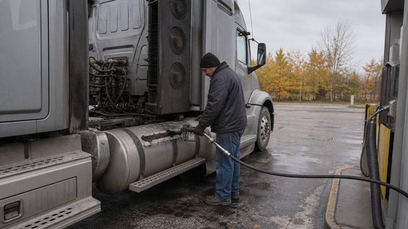 A driver fills a natural gas tractor at a CNG pump at a Quebec truck stop on a grey autumn morning.