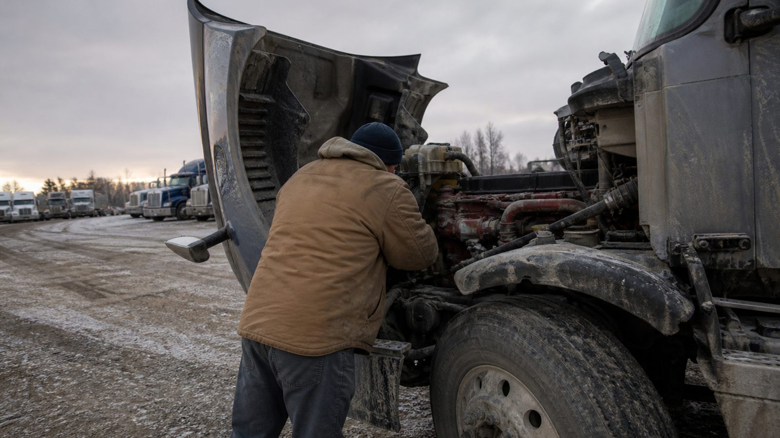 An owner-operator looks over the engine of a used tractor on a dealer lot on a cold fall afternoon.