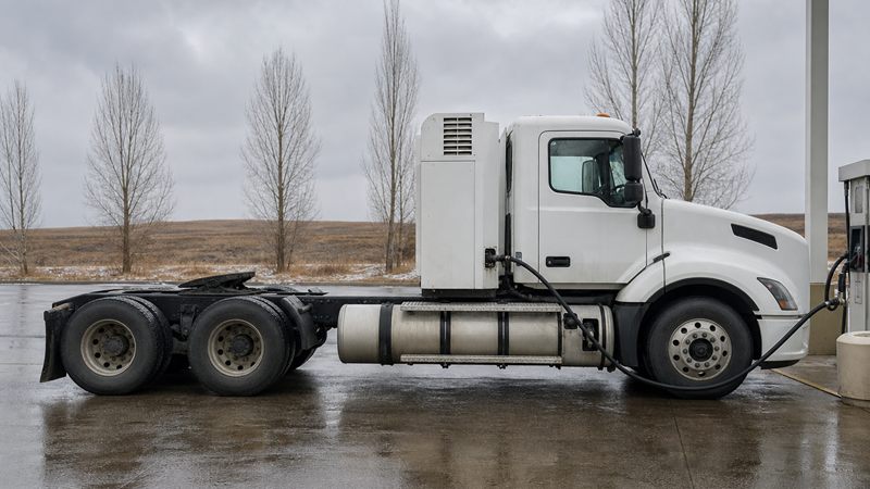 A natural gas day cab takes on fuel at a public CNG station in Alberta on a wet autumn afternoon.