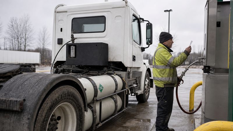 A driver checks a fill receipt beside a CNG-fuelled day cab at a Quebec truck stop.