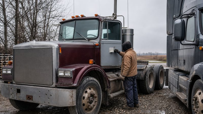A gloved hand peels a decal off an older tractor parked beside its replacement.