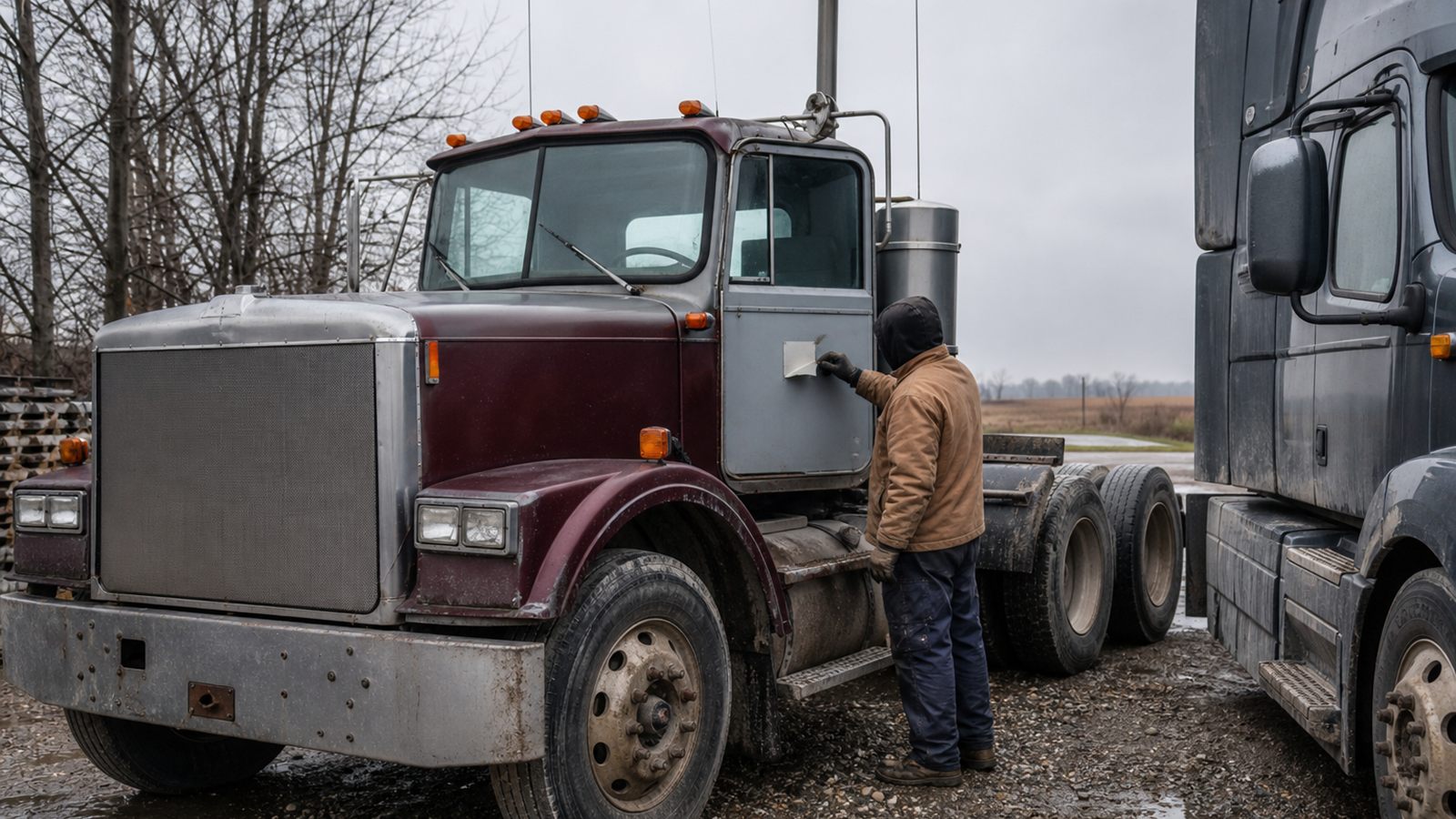 A gloved hand peels a decal off an older tractor parked beside its replacement.